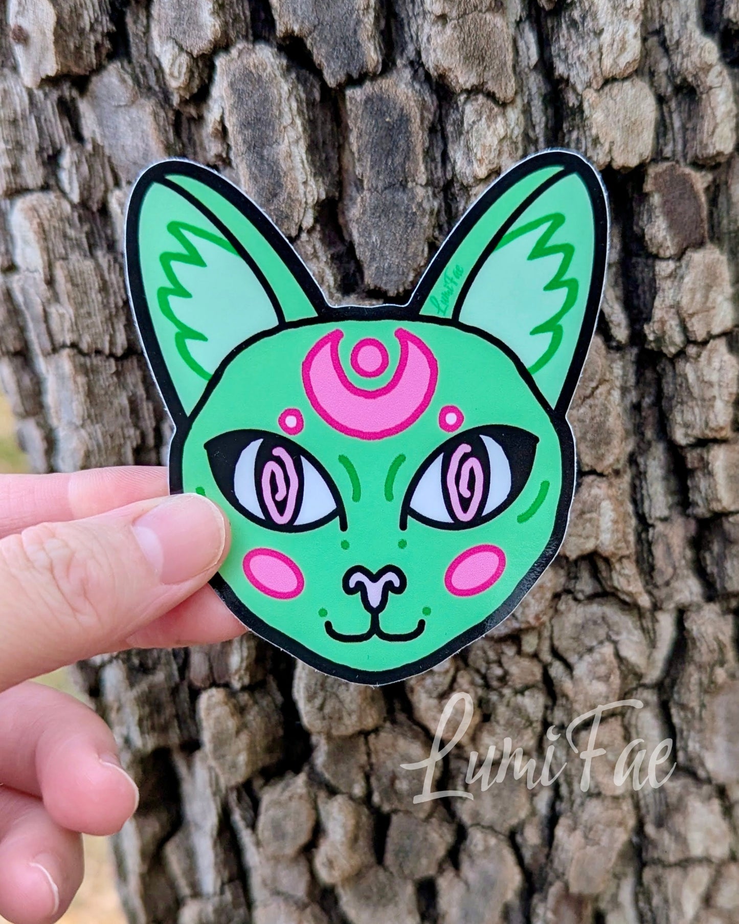 Green Cat Sticker, Hypnotic Celestial Circus Cat Decal, Waterproof, Glossy - LumiFae
