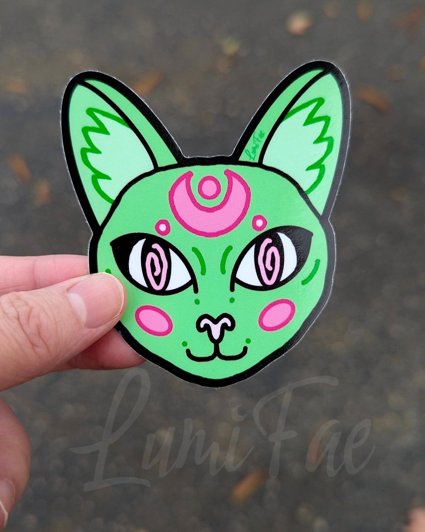 Green Cat Sticker, Hypnotic Celestial Circus Cat Decal, Waterproof, Glossy - LumiFae