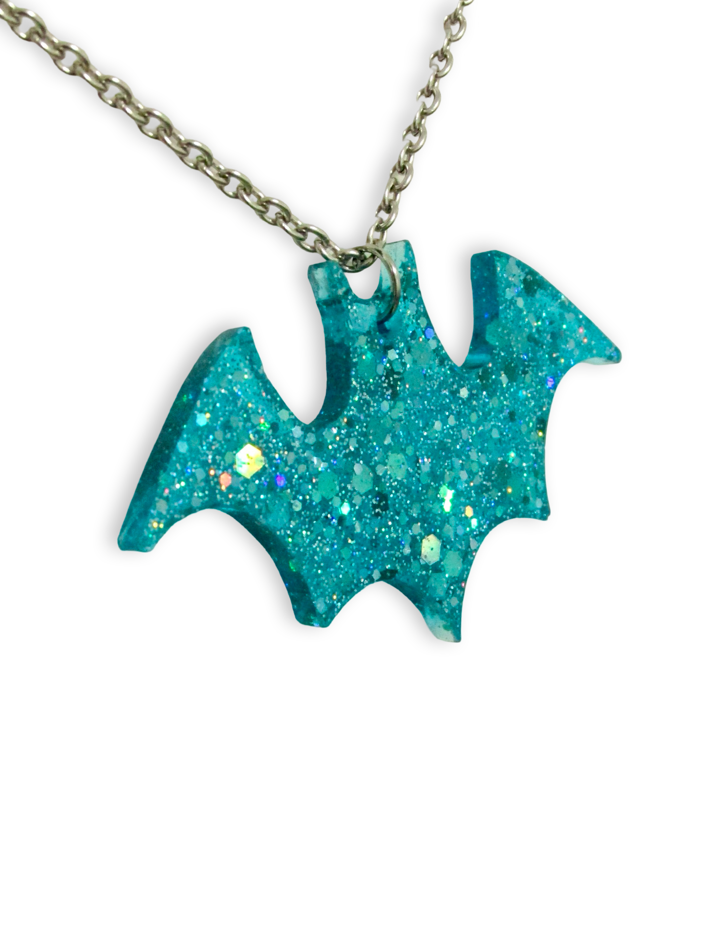 Sparkly Blue Bat Necklace, glitter, aqua, turquoise, pendant, resin, chain