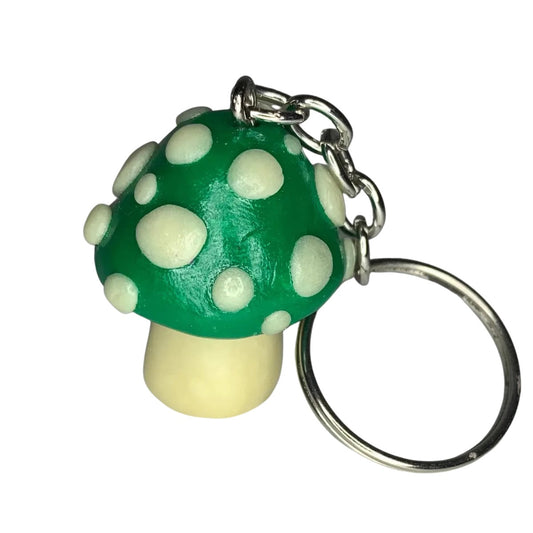 Green and Glow-in-the-Dark Spotted Mushroom Keychains, cute, cartoon, stylized, Blacklight, UV reactive, glow