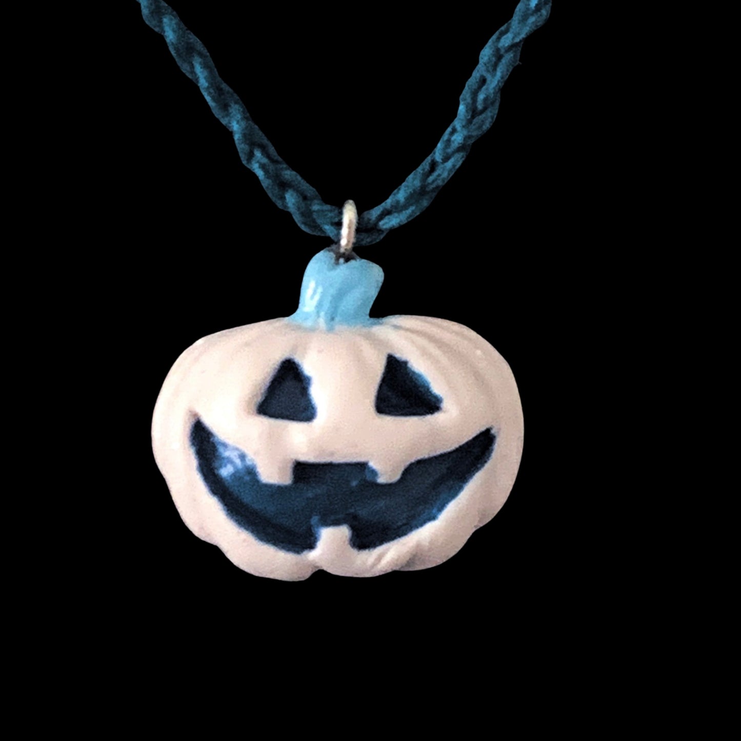 Frosted Winter Jack-O-Lantern Necklace, White Pumpkin, Blue Cotton Cord