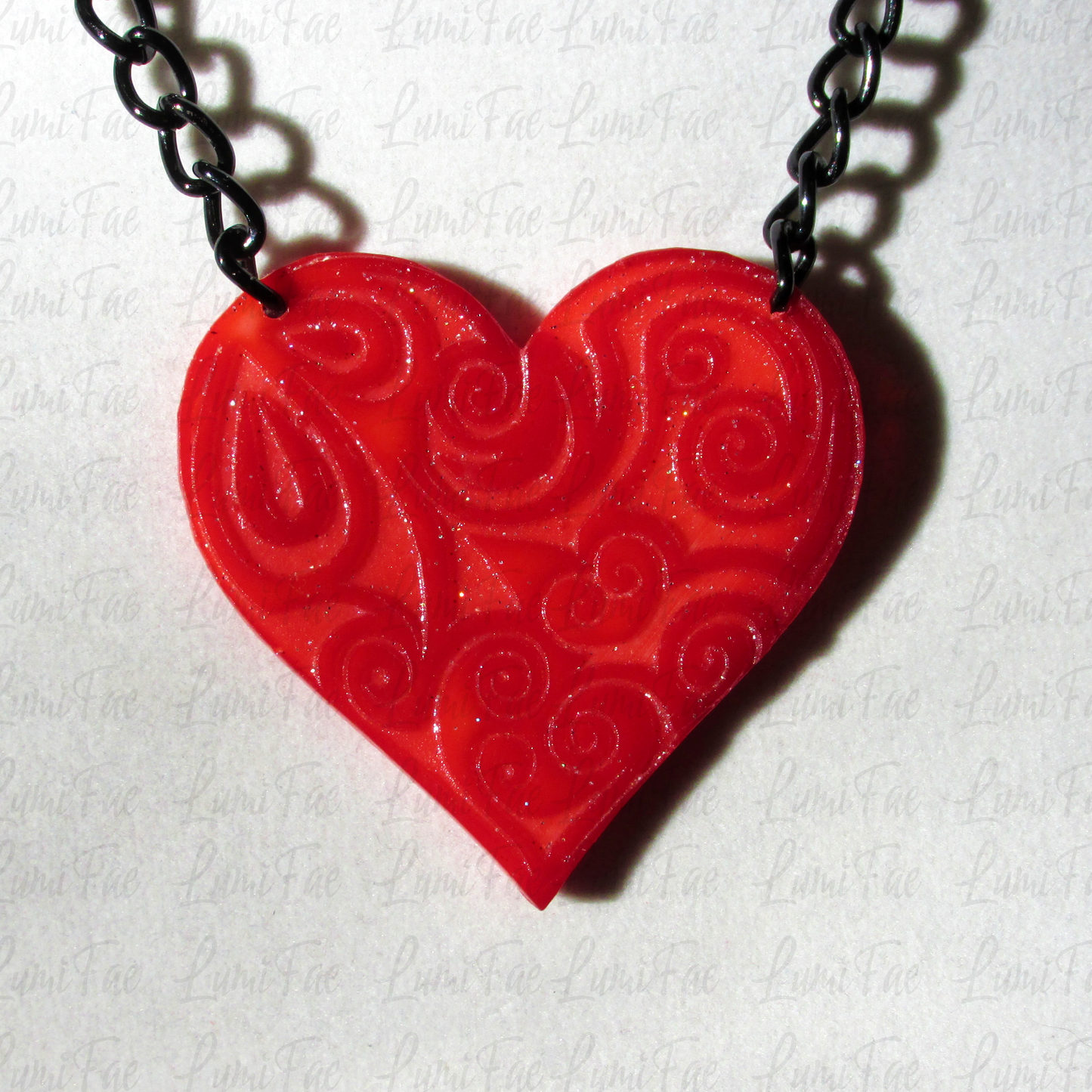 Bold Romantic Red Filigree Heart Necklace on Black Chain