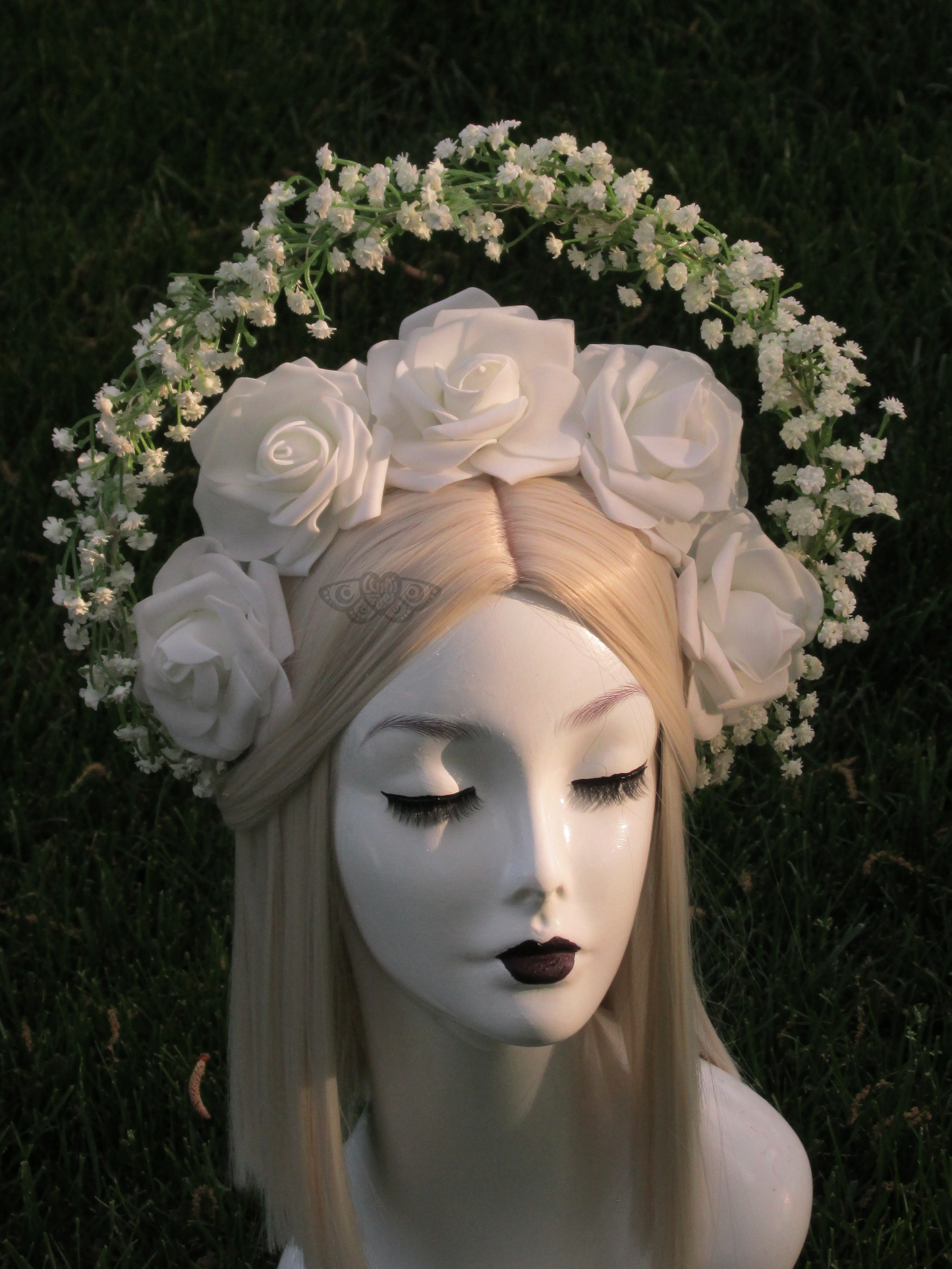 Glowing White Roses and Baby’s Breath Halo, Fairytale Bridal Crown