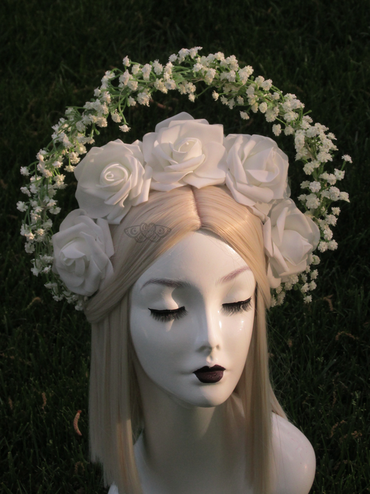 Glowing White Roses and Baby’s Breath Halo, Fairytale Bridal Crown