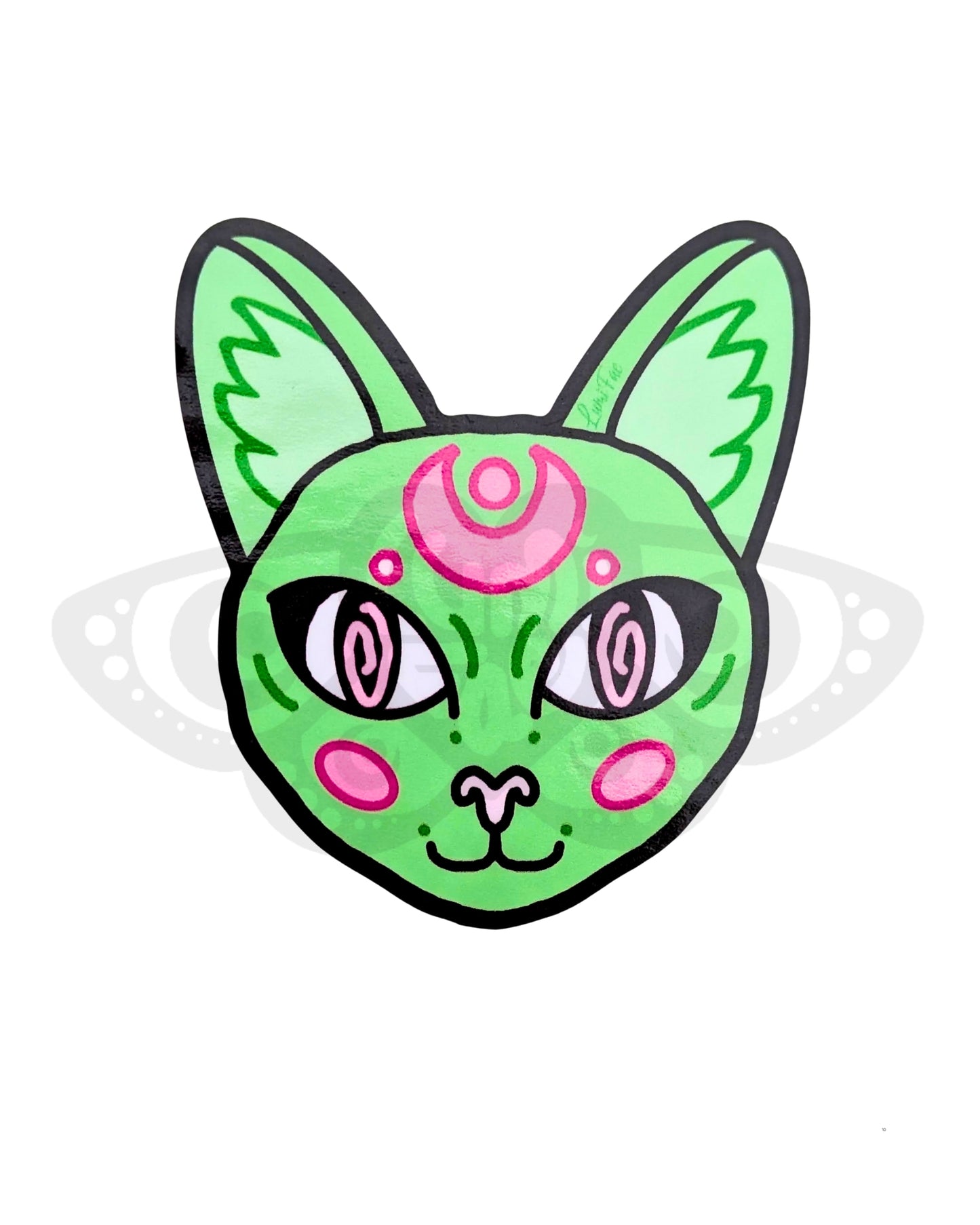 Green Cat Sticker, Hypnotic Celestial Circus Cat Decal, Waterproof, Glossy - LumiFae