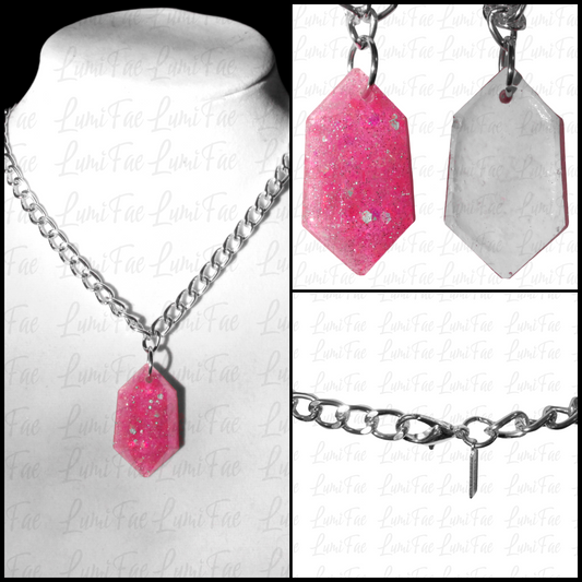 Sparkly Pink Gem Necklace, thick silver aluminum chain, bold, statement pendant