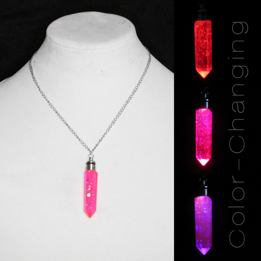 LED Hot Pink Sparkly Crystal Necklace, color-changing: red, pink, purple, stainless steel chain