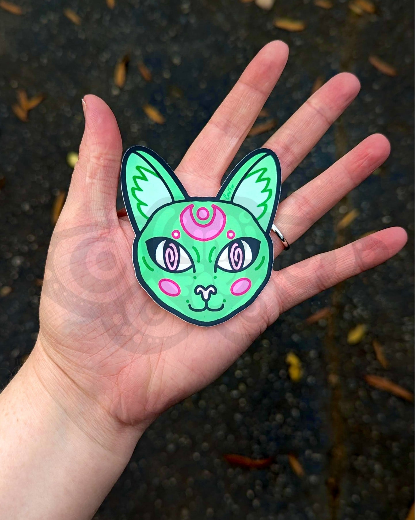 Green Cat Sticker, Hypnotic Celestial Circus Cat Decal, Waterproof, Glossy - LumiFae