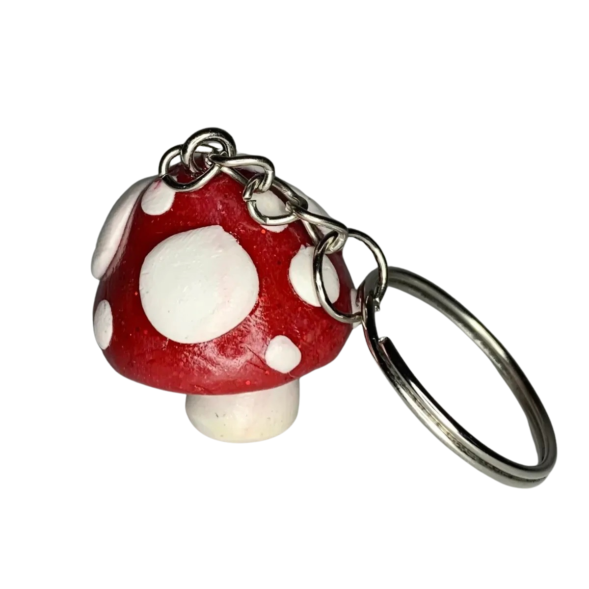 Sparkly Dark Red White Spotted Mushroom Keychains, cartoon, cute, stylized