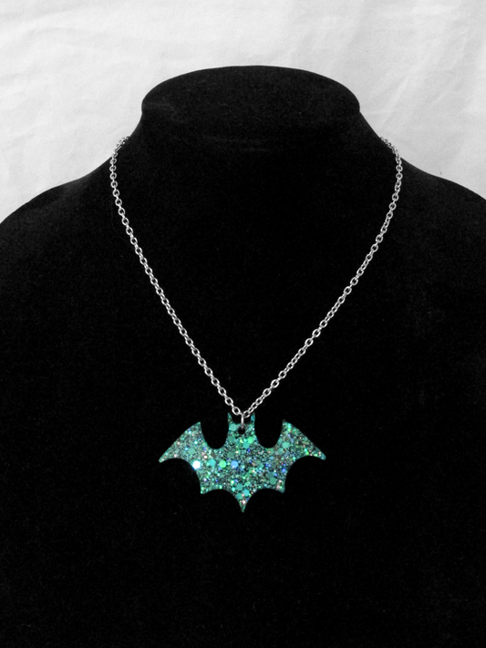 Sparkly Blue Bat Necklace, glitter, aqua, turquoise, pendant, resin, chain