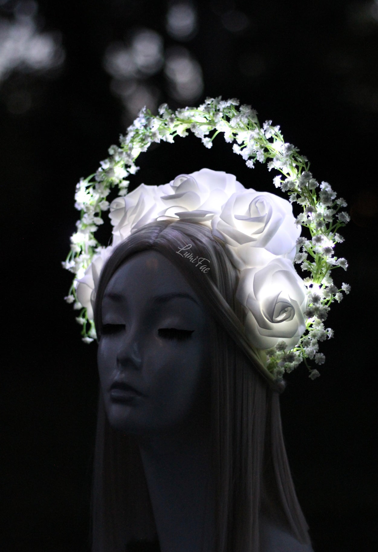 Glowing White Roses and Baby’s Breath Halo, Fairytale Bridal Crown