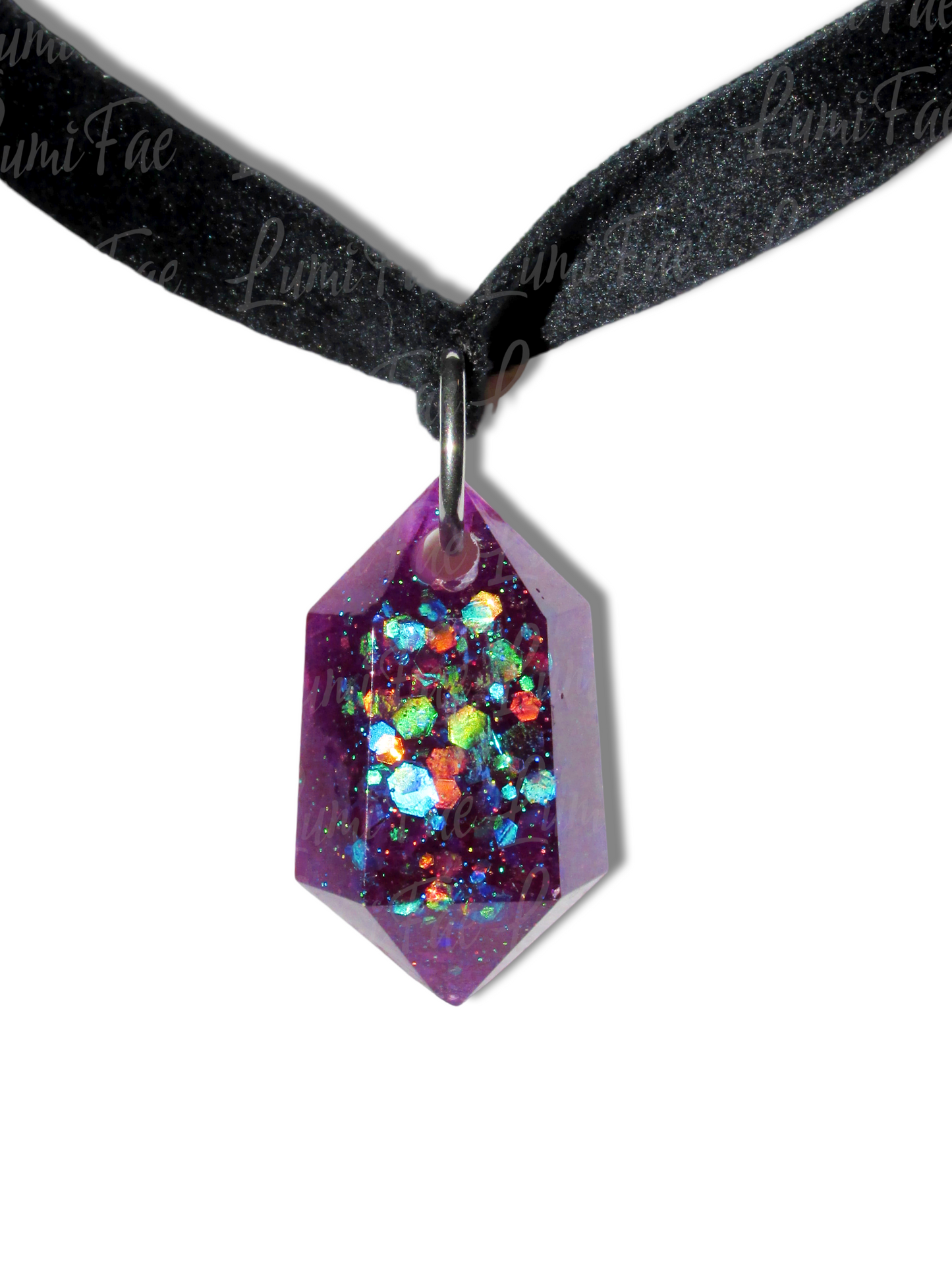 Glitter Filled Deep Purple Gem Pendant on Black Velvet Choker, Adjustable