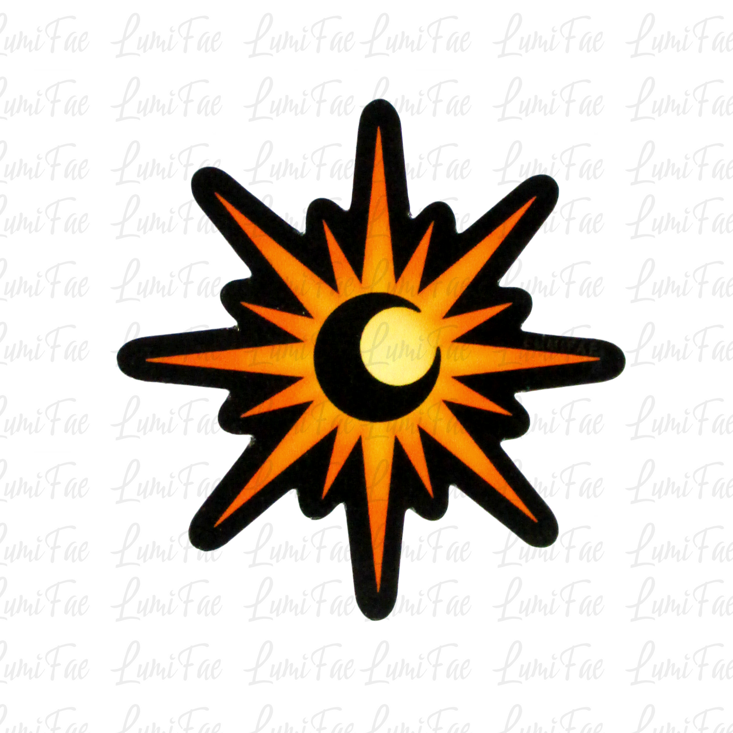 Moon in Sun Sticker, glossy, 2.5”, black outline, Lune Soleil, Eclipse, Crescent Moon Sunburst