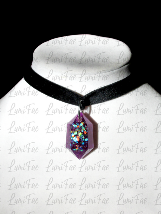 Glitter Filled Deep Purple Gem Pendant on Black Velvet Choker, Adjustable