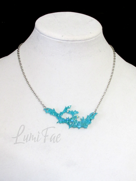 Sparkly Blue Bat Swarm Necklace, glitter, aqua, turquoise, pendant, resin, chain