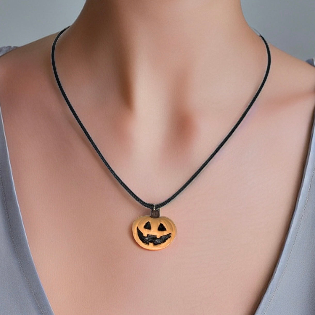 Pale Jack-O-Lantern Necklace, Light Orange Pumpkin, Black Faux Leather, Vegan