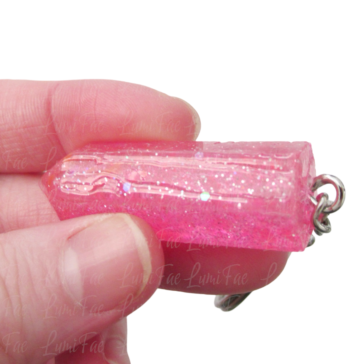 Pink Sparkly Glitter Crystal Keychain, Resin, Imperfect