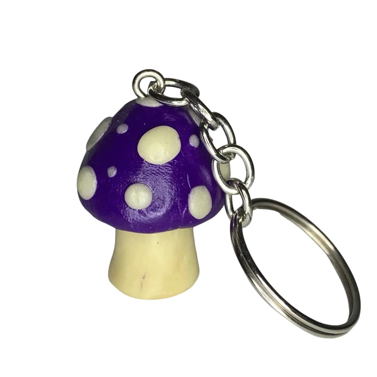 Purple and Glow-in-the-Dark Spotted Mushroom Keychains, cute, cartoon, stylized, Blacklight, UV reactive, glow