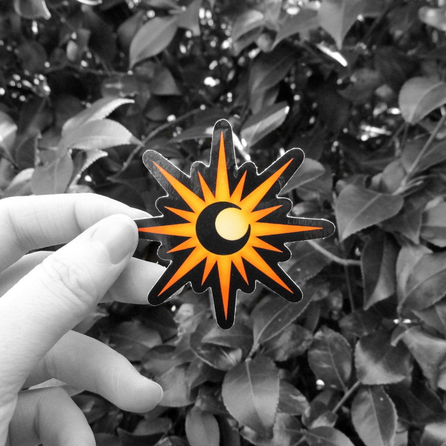 Moon in Sun Sticker, glossy, 2.5”, black outline, Lune Soleil, Eclipse, Crescent Moon Sunburst