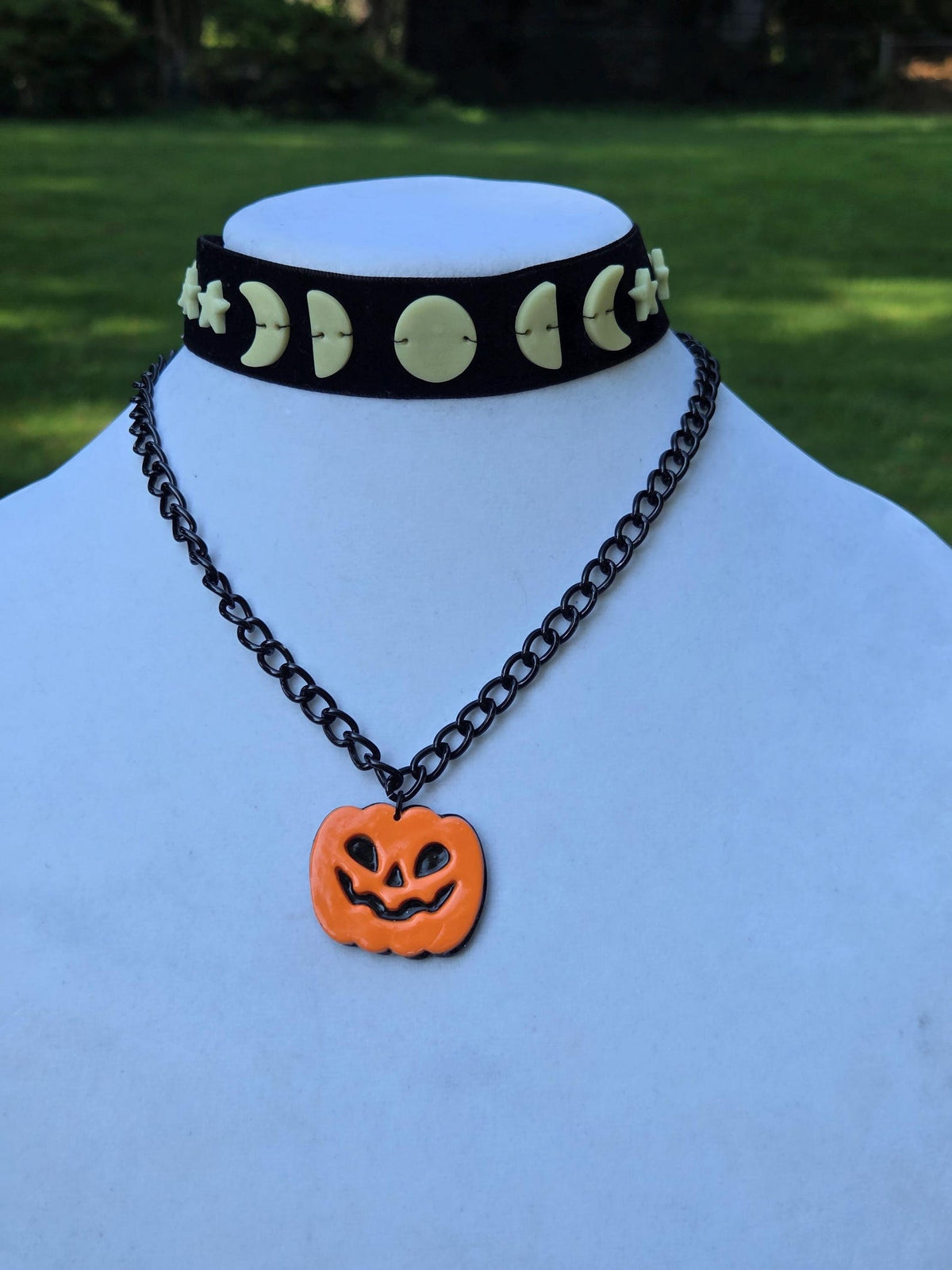 Glow in the Dark Moon Phases Velvet Choker, black, adjustable, handmade - LumiFae