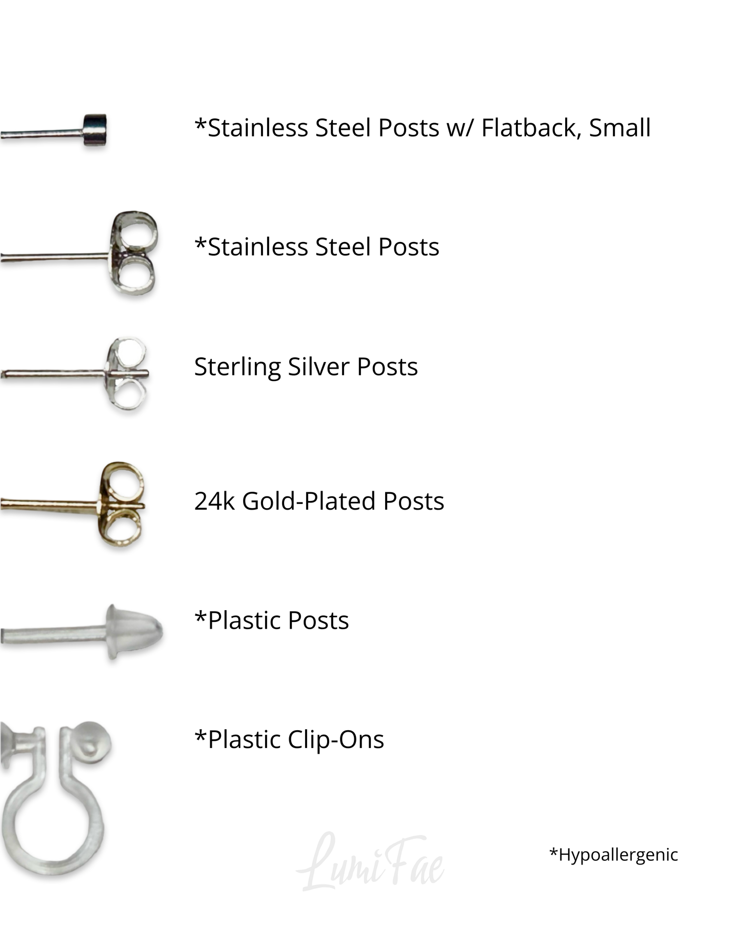 Types of earring posts with descriptions on a white background