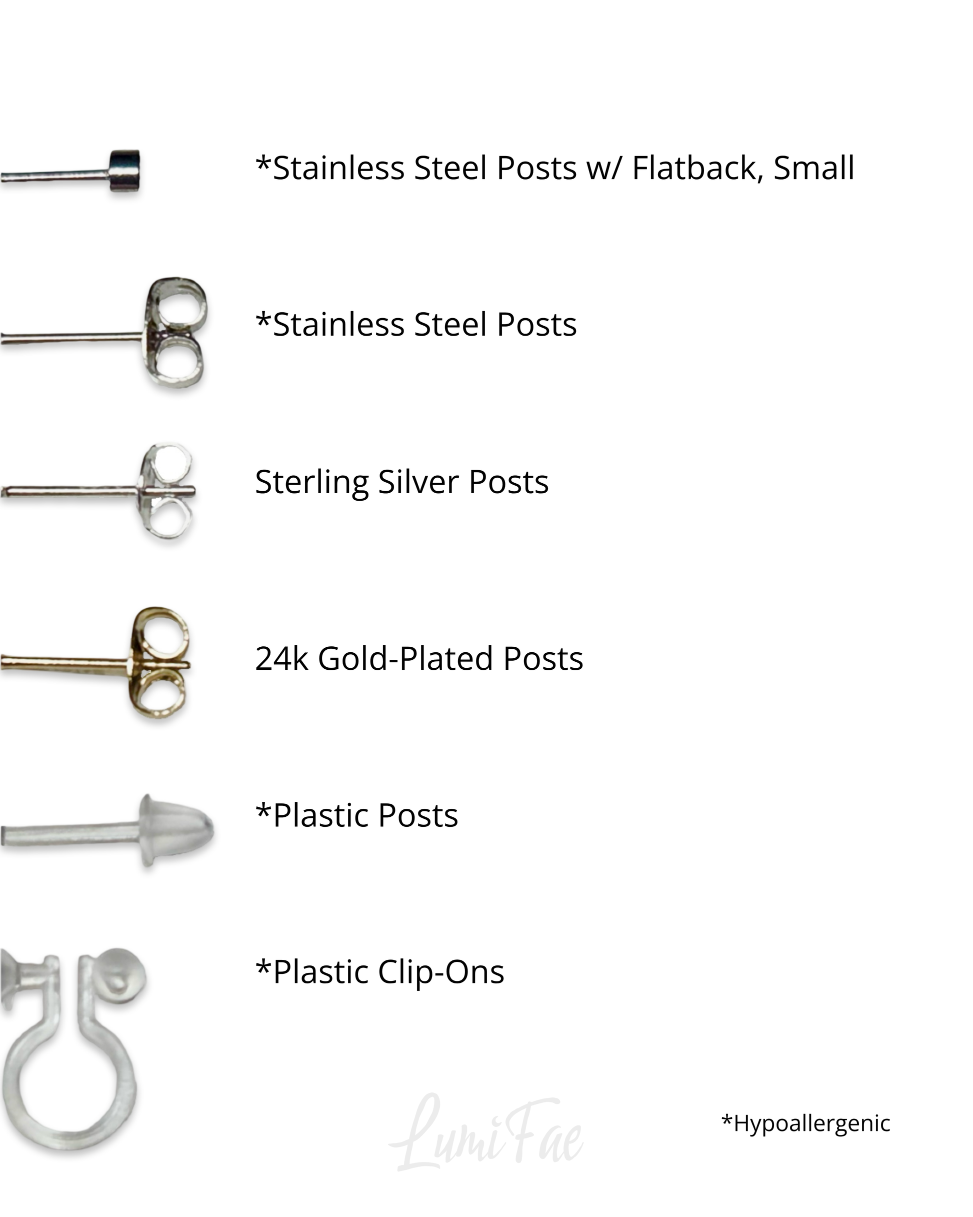 Types of earring posts with descriptions on a white background