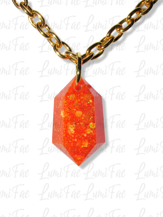 Sparkly Orange Gem Necklace, thick gold aluminum chain, bold, statement pendant