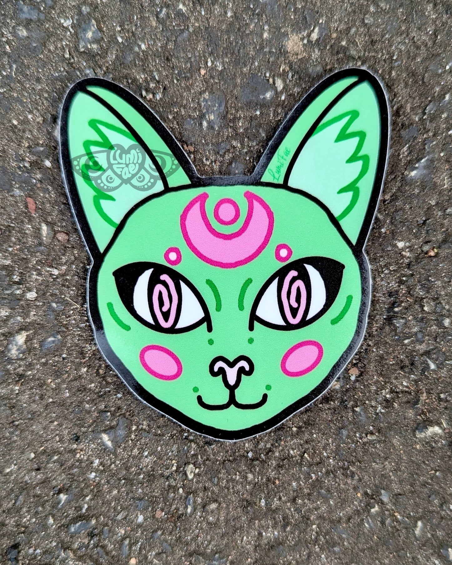 Green Cat Sticker, Hypnotic Celestial Circus Cat Decal, Waterproof, Glossy - LumiFae