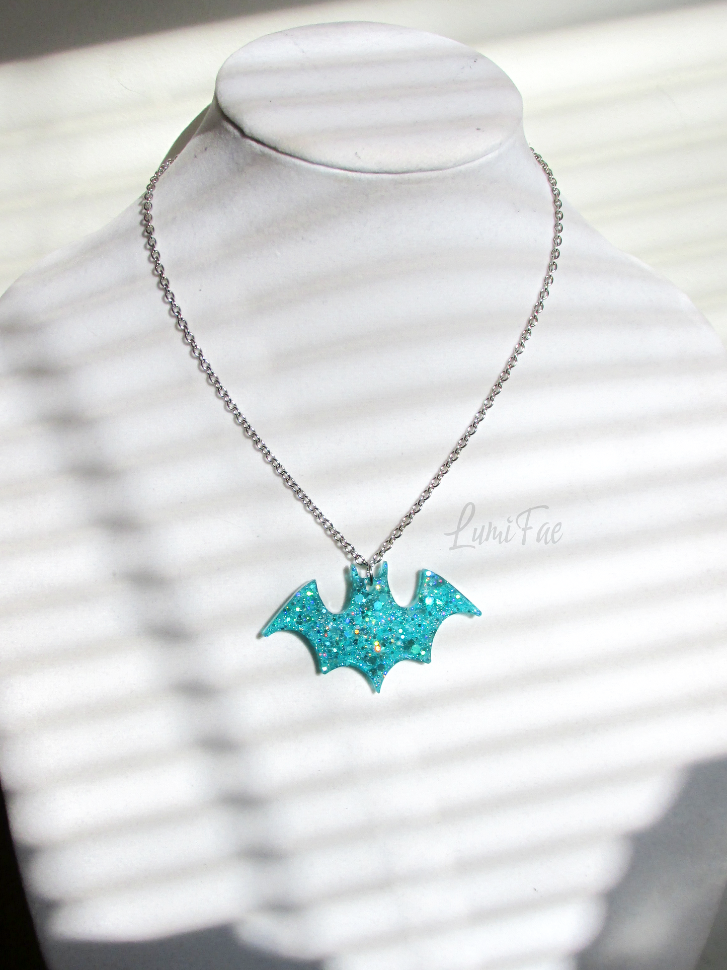 Sparkly Blue Bat Necklace, glitter, aqua, turquoise, pendant, resin, chain