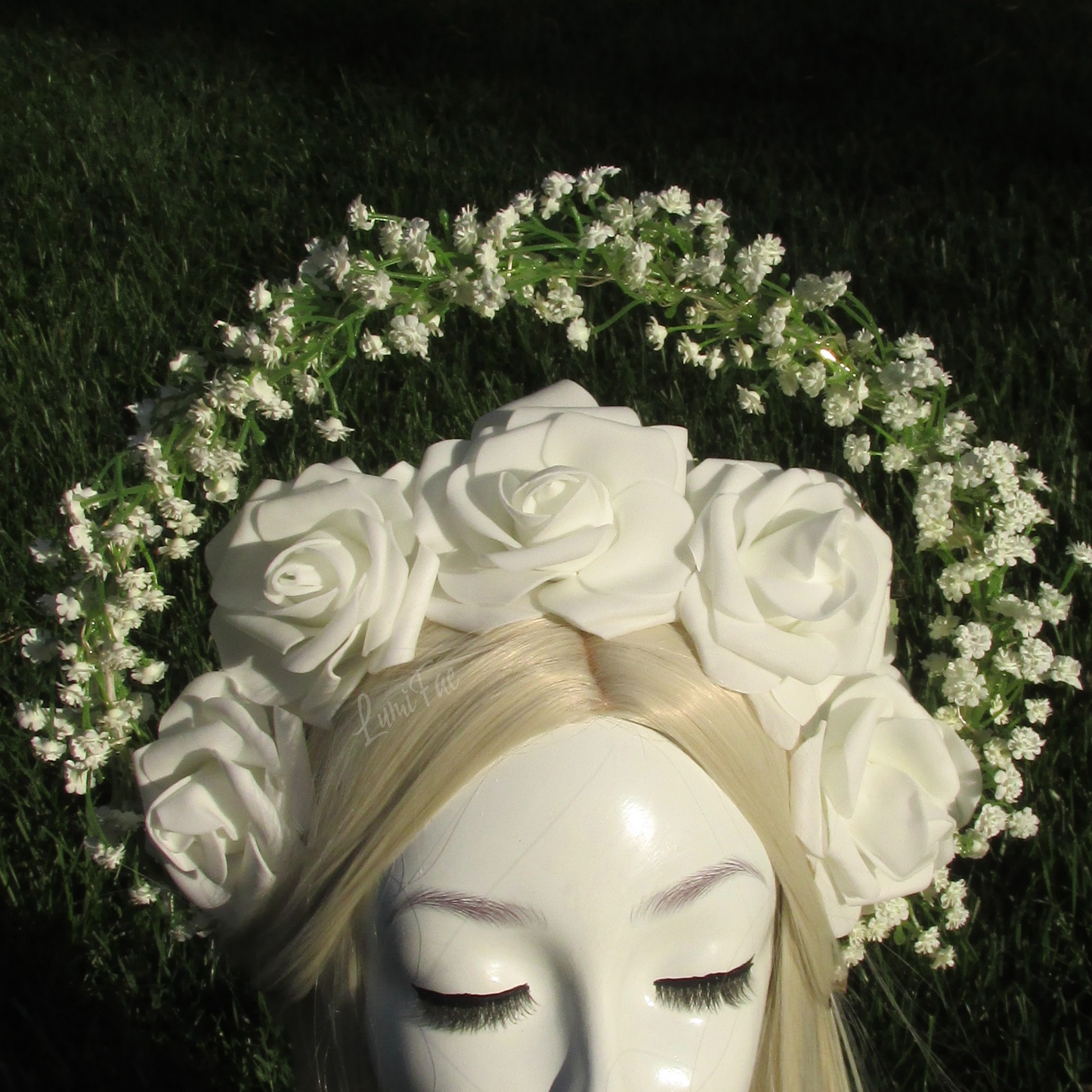 Glowing White Roses and Baby’s Breath Halo, Fairytale Bridal Crown