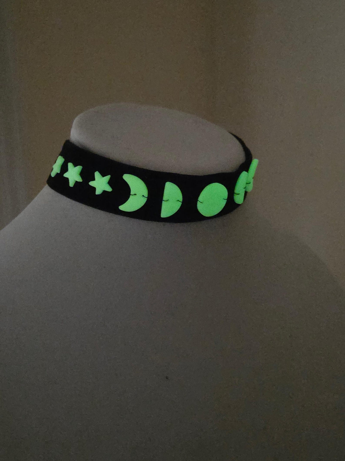 Glow in the Dark Moon Phases Velvet Choker, black, adjustable, handmade - LumiFae