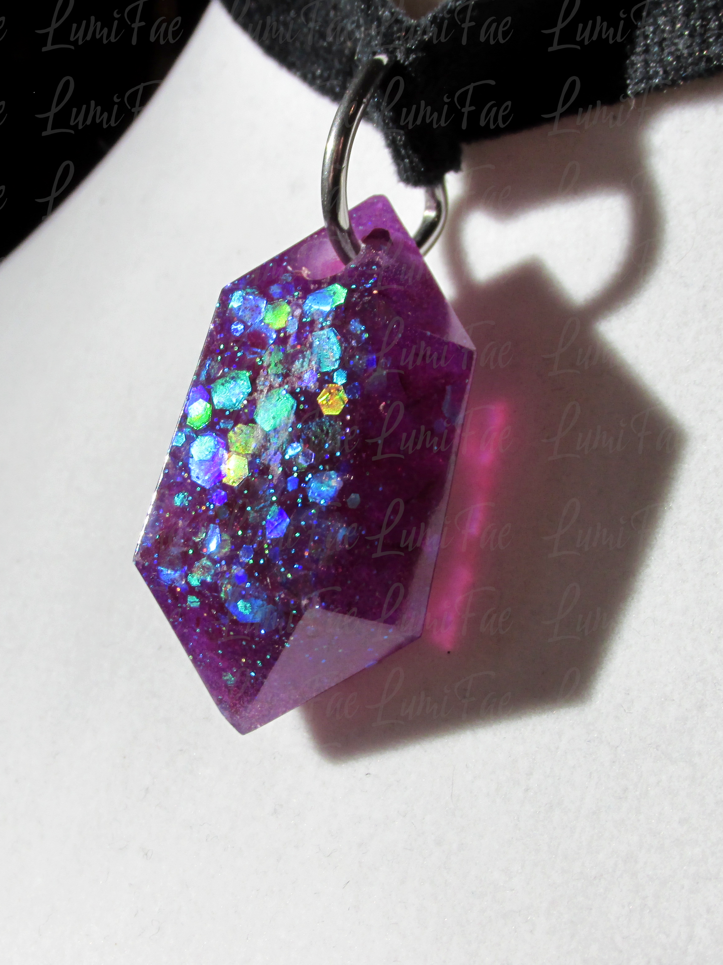 Glitter Filled Deep Purple Gem Pendant on Black Velvet Choker, Adjustable