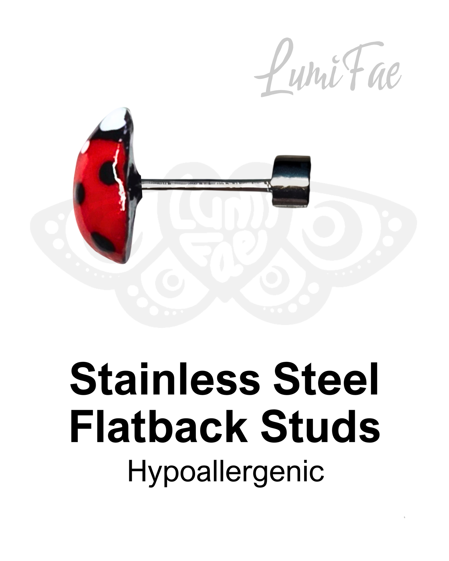 Ladybug flatback stud earring with 'LumiFae' branding on a white background.