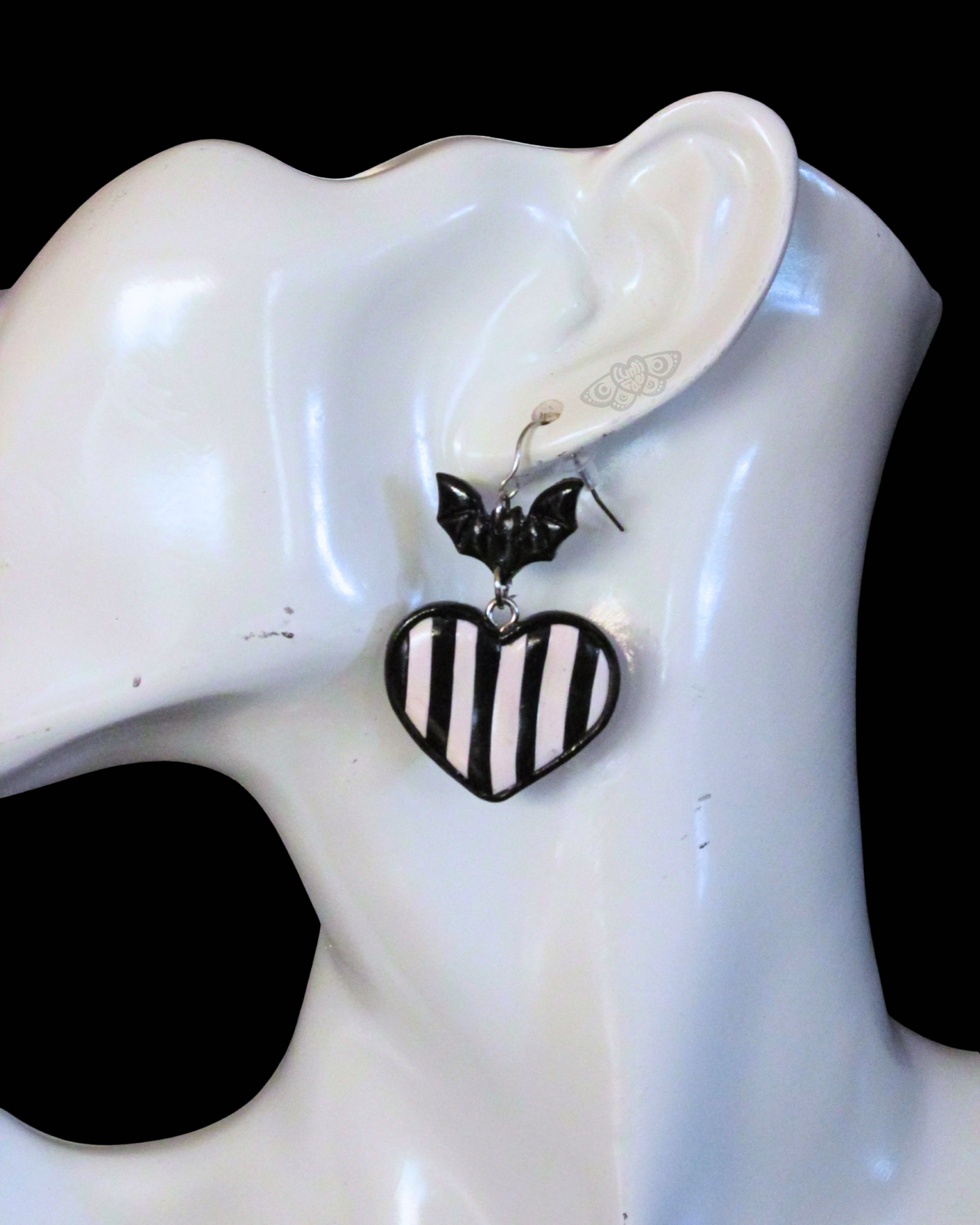 Spooky Striped Heart Bat Earrings in Black and White