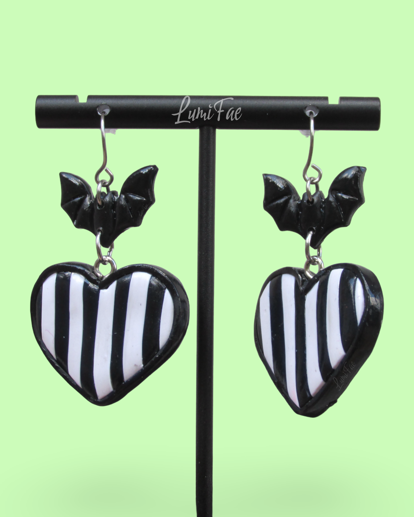 Spooky Striped Heart Bat Earrings in Black and White