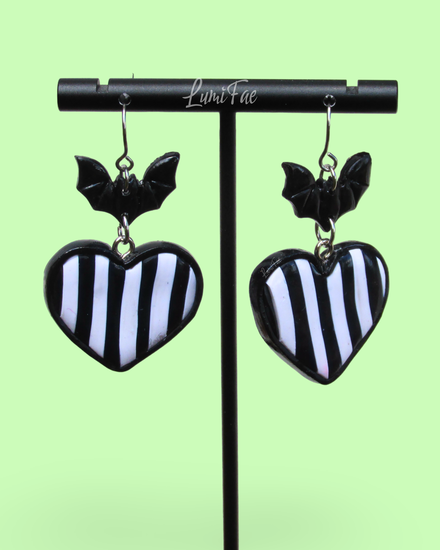 Spooky Striped Heart Bat Earrings in Black and White