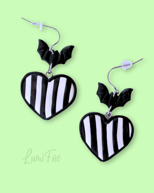 Spooky Striped Heart Bat Earrings in Black and White