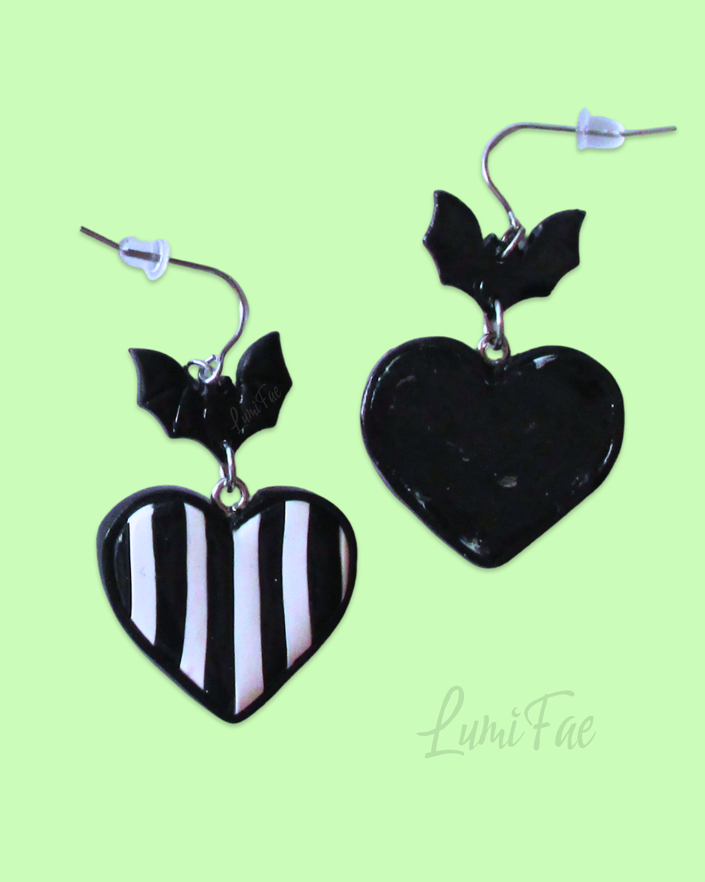 Spooky Striped Heart Bat Earrings in Black and White
