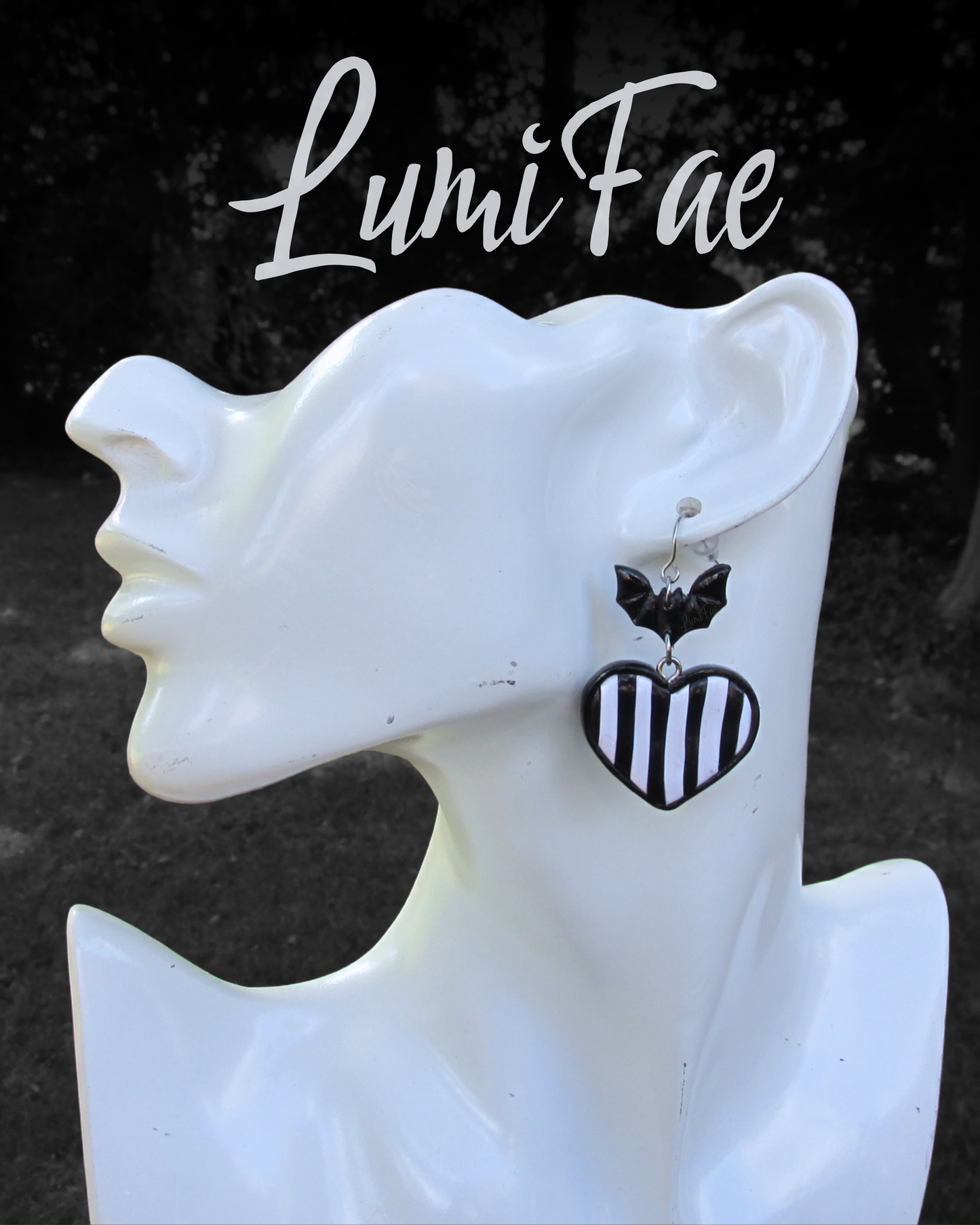 Spooky Striped Heart Bat Earrings in Black and White