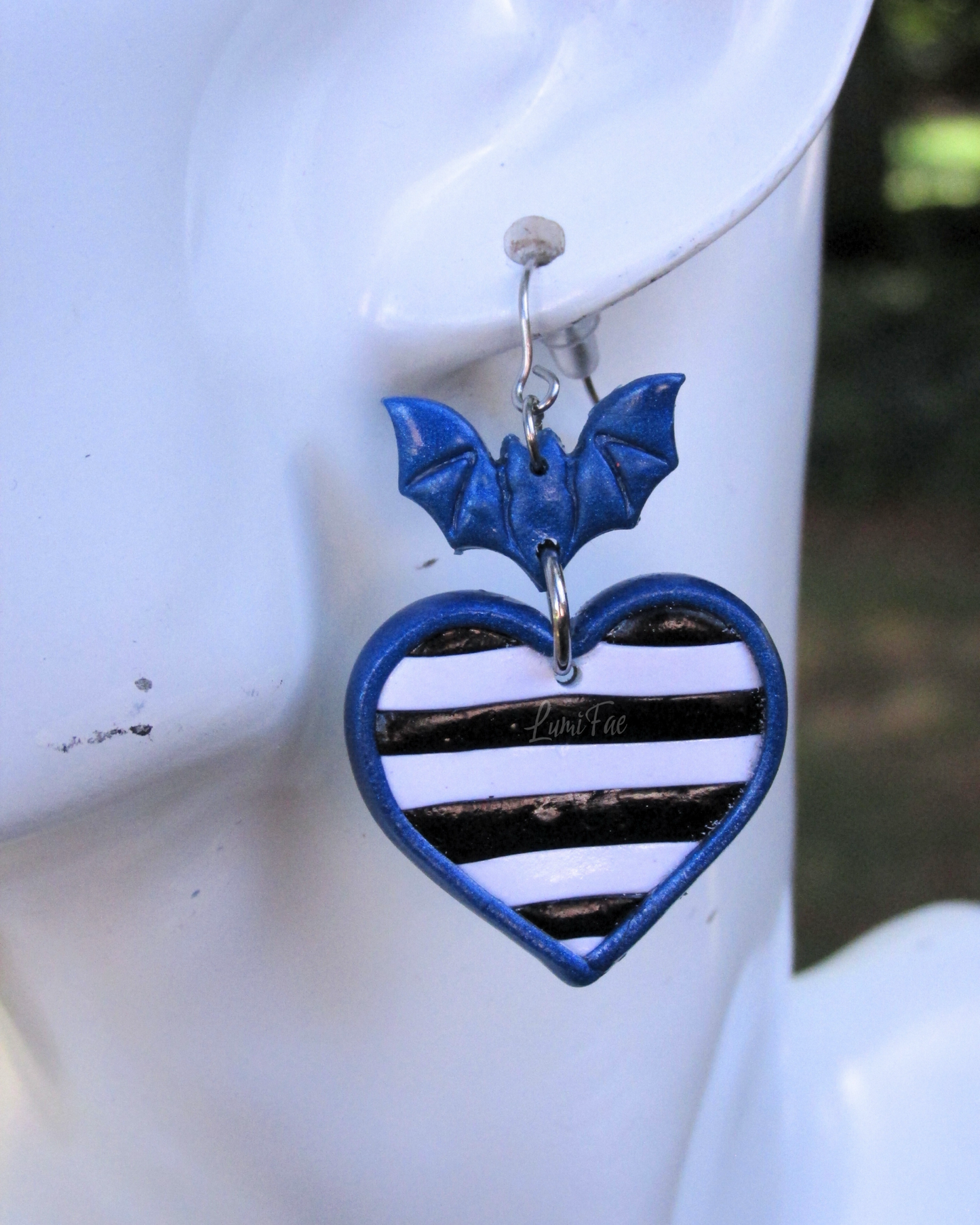 Striped Heart Bat Earrings Black and White with Blue