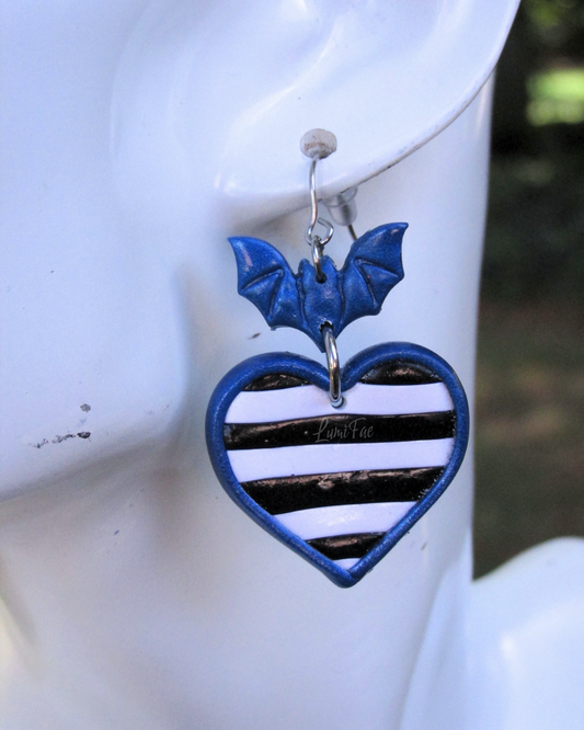 Striped Heart Bat Earrings Black and White with Blue