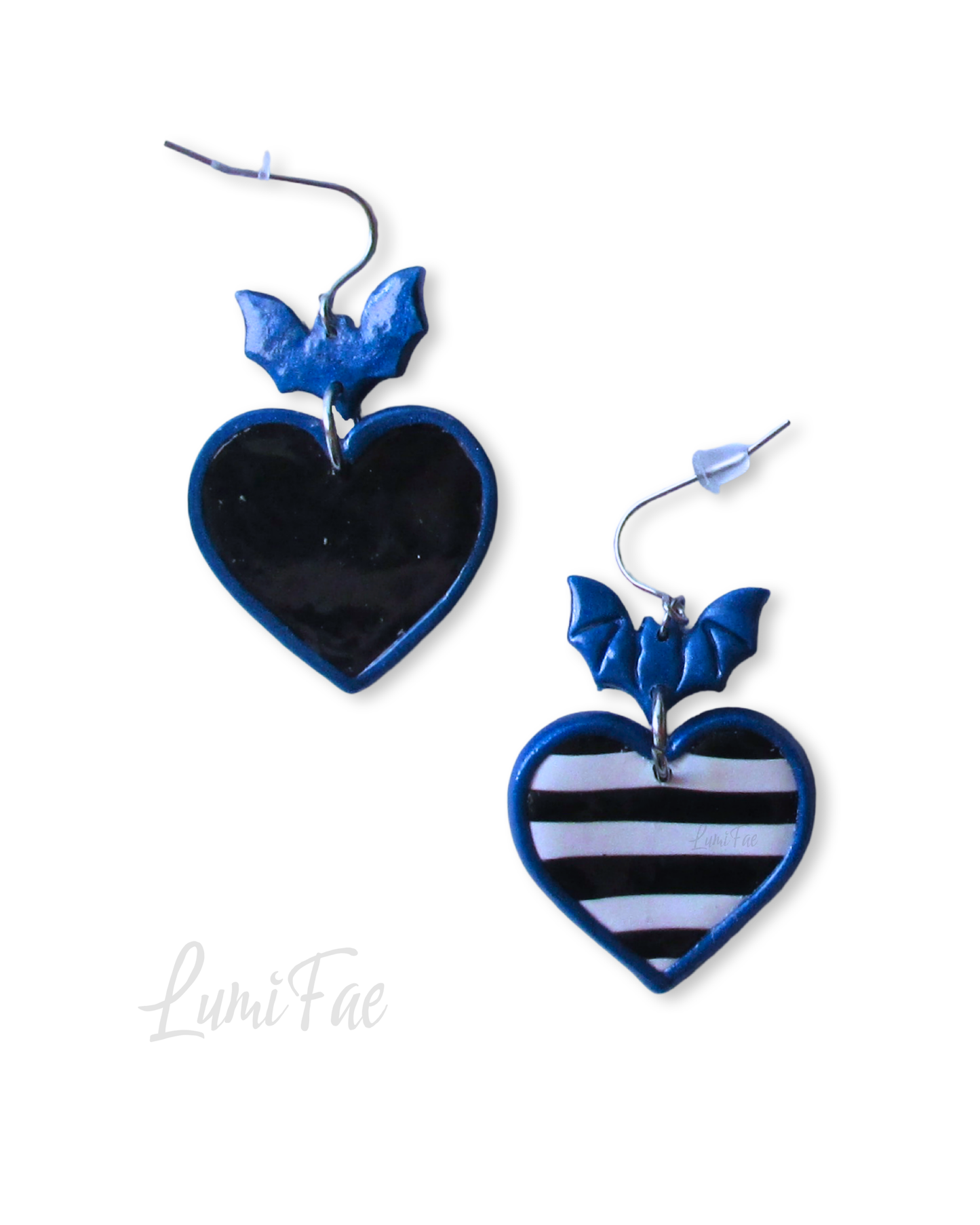 Striped Heart Bat Earrings Black and White with Blue