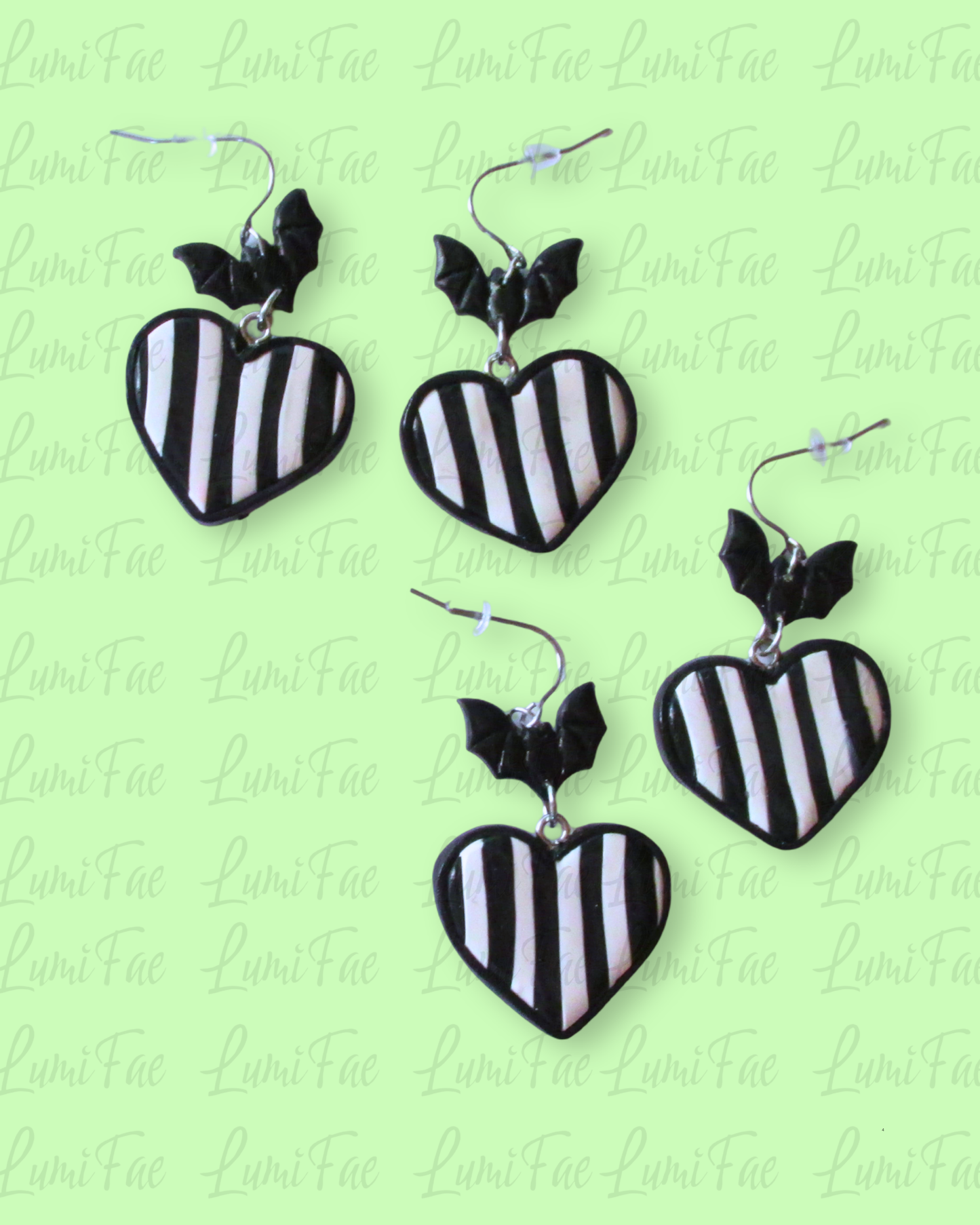 Spooky Striped Heart Bat Earrings in Black and White
