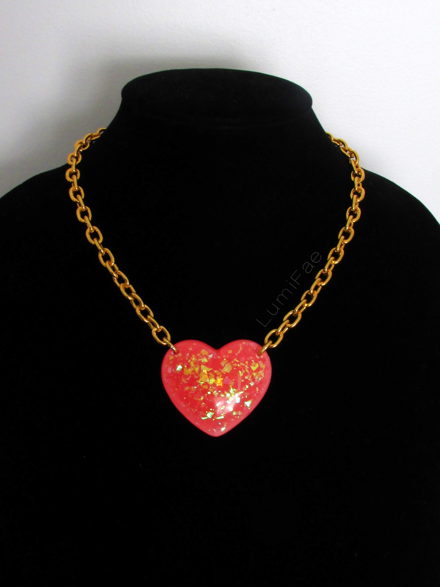 Big Pink Sparkly Heart Pendant on Lightweight Gold Aluminum Chain, 2”