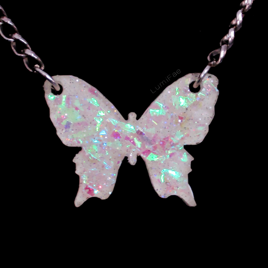 Sparkly Off White Butterfly Necklaces with Iridescent Glitter