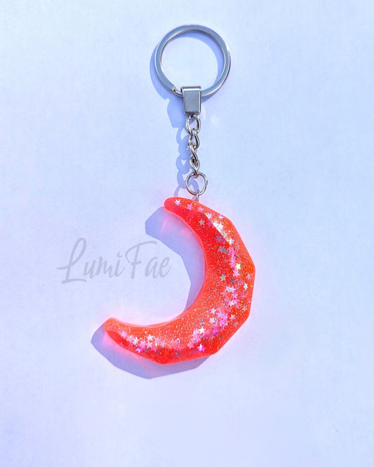 Big Moon Keychain - Sparkly Hot Pink, Star Glitter, Secure Keyring, Bag Charm, Handmade - LumiFae