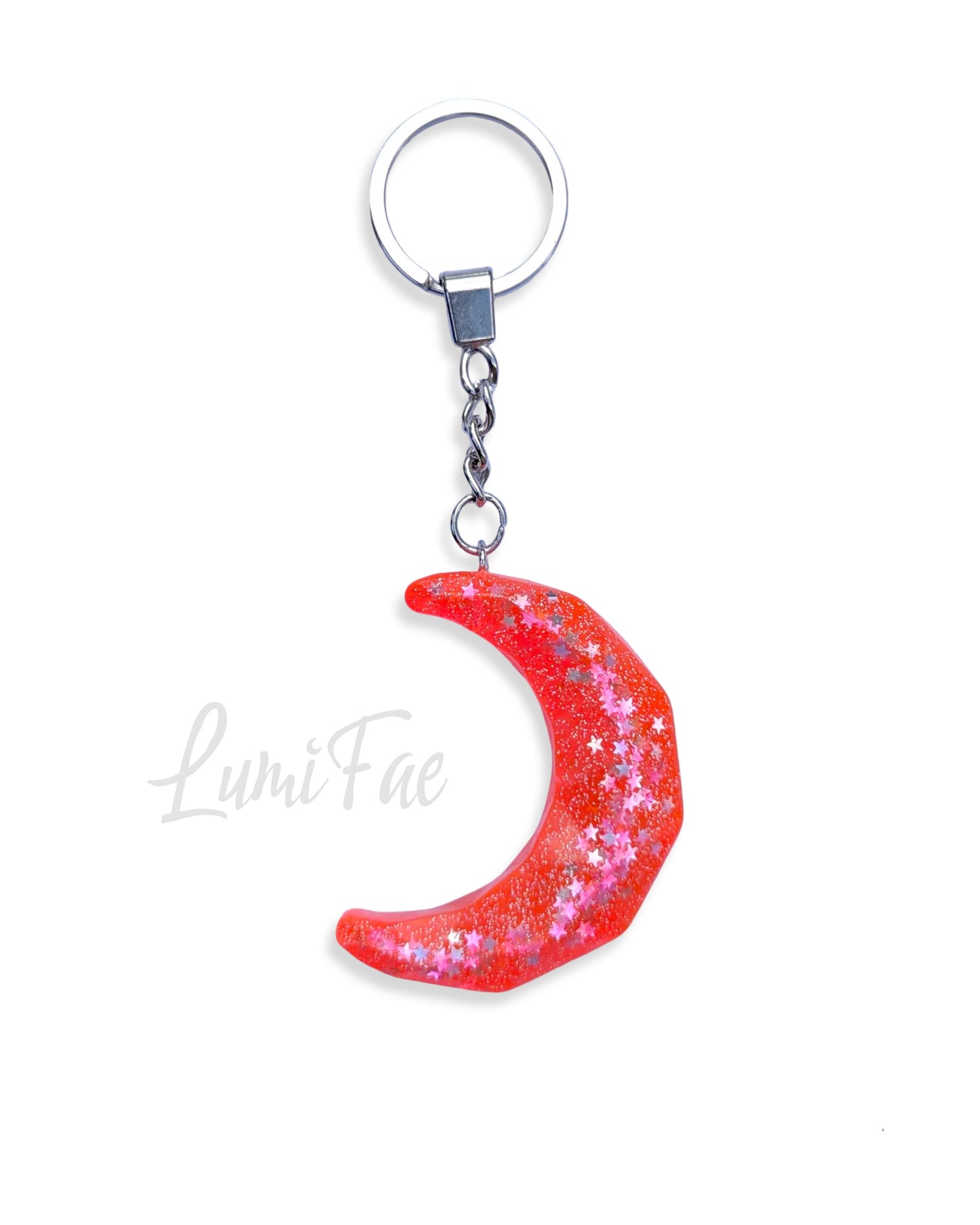 Big Moon Keychain - Sparkly Hot Pink, Star Glitter, Secure Keyring, Bag Charm, Handmade - LumiFae