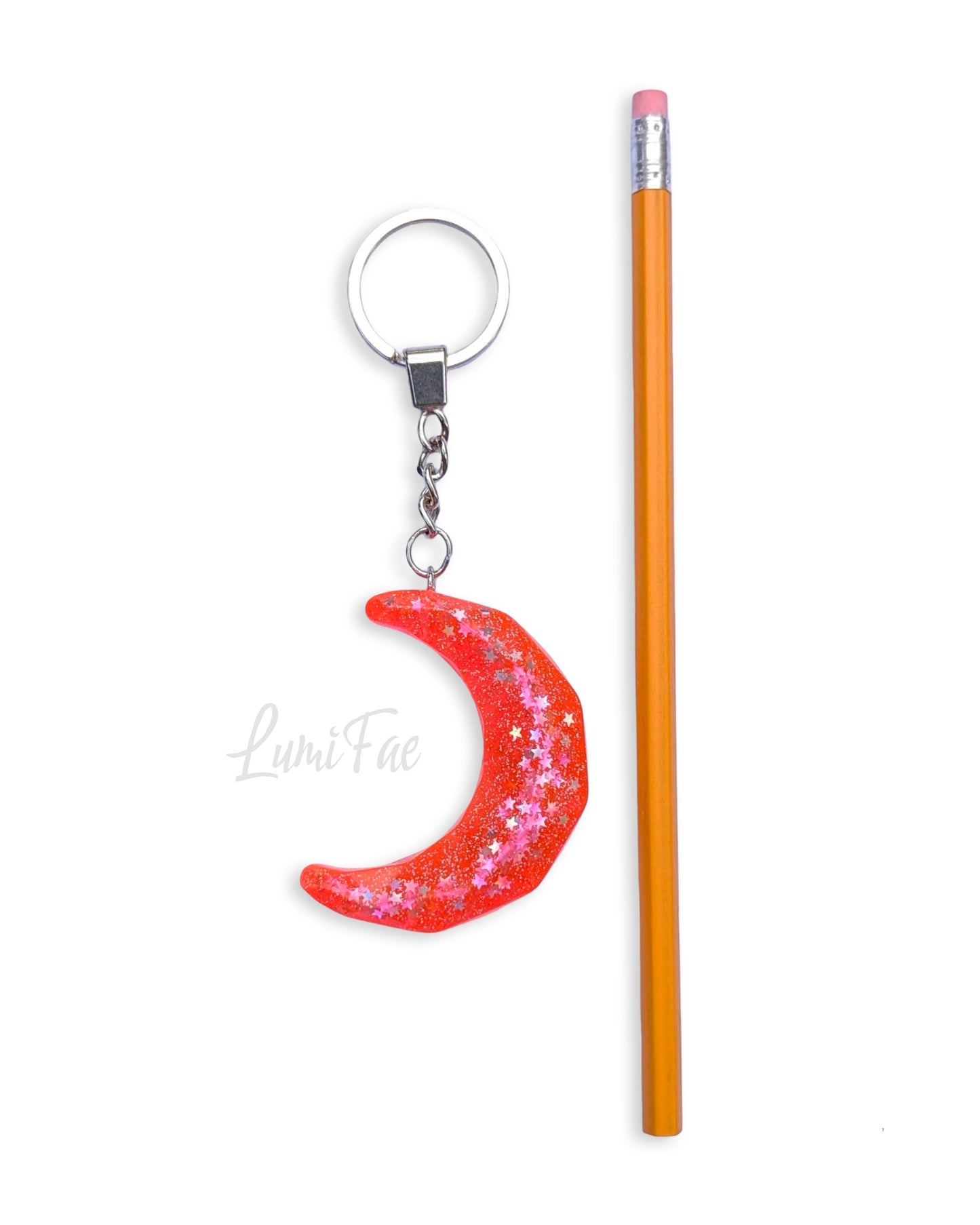 Big Moon Keychain - Sparkly Hot Pink, Star Glitter, Secure Keyring, Bag Charm, Handmade - LumiFae