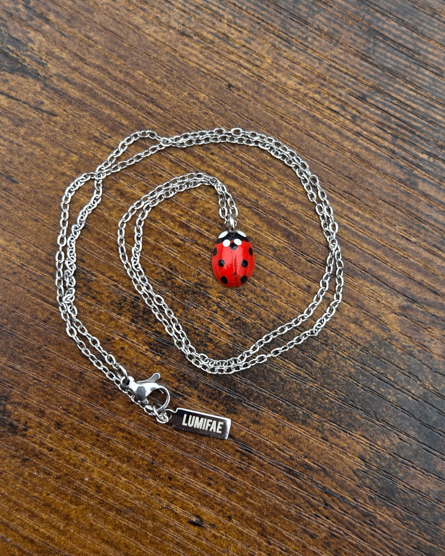Silver necklace with a ladybug pendant on a wooden surface