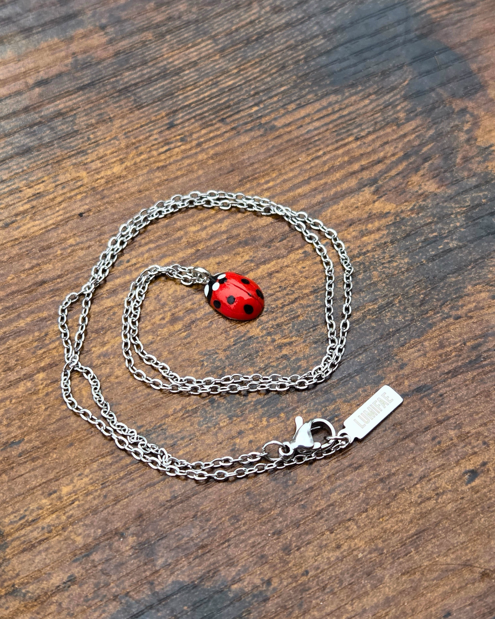 Silver chain necklace with a red ladybug pendant on a wooden surface